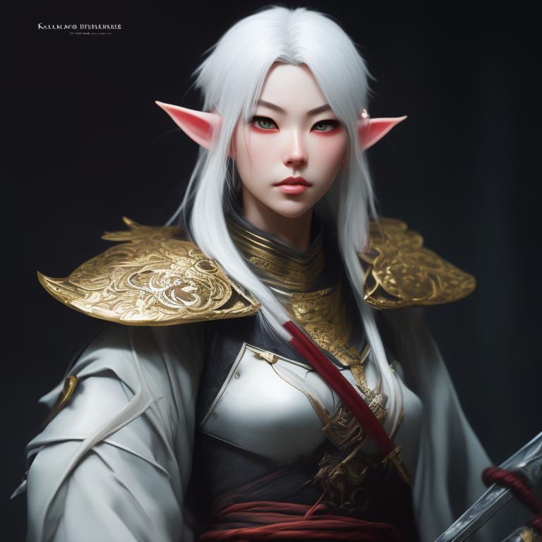 unusual-slug175: female elf samurai, white hair, katana in hand