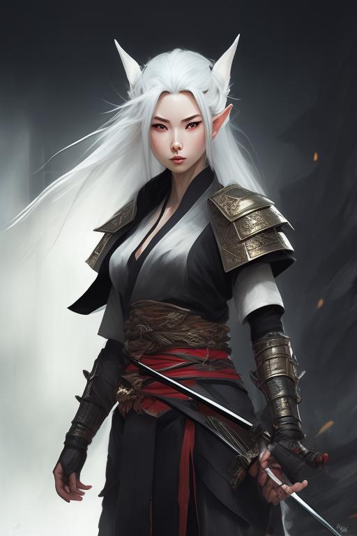 milky-hyena375: female elf samurai, white hair, katana on waist