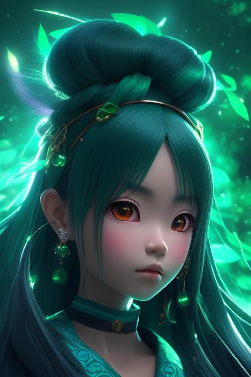 sasseycat1964 a young yokai woman with dark skin and long green hair