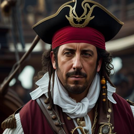 Cinematic photography, Adam Sandler as a pirate, Photorealistic , dressed like a fancy pirate, mean disposition, standing on a pirate ship, sunny dappled lighting, style of anders zorn and sachin teng, uhd 8k, centere, clean line quality