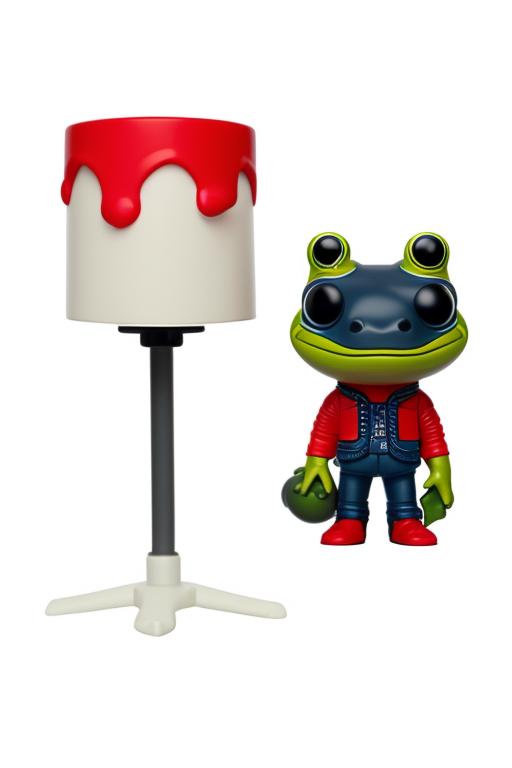Pop vinyl figurine, anthropomorphic frog stands in full growth sideways, in the style of alex hirsch, light navy and red, alan bean, lit kid, charismatic, pendleton ward, wry