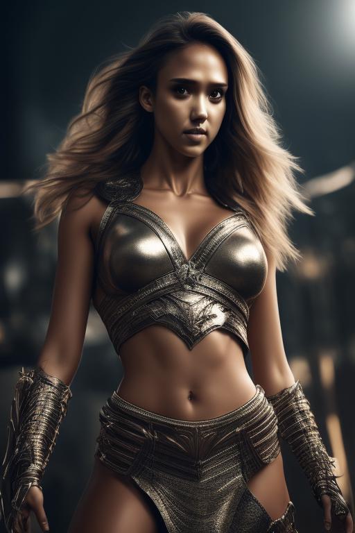 brown-okapi126: photo of female warrior(Jessica Alba Look Glamour hot)(28  years old) in skimpy metallic armor, detailed face, look beautiful, wear,  warrior metal suit, look like warrior, full body view, belly show, belly