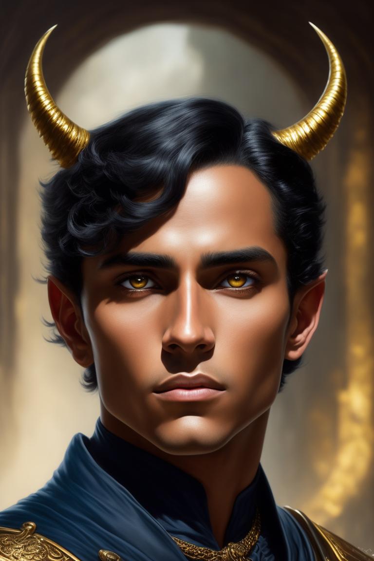 Trinixerina: Tiefling male, spiral horns, beautiful, young man, black ...