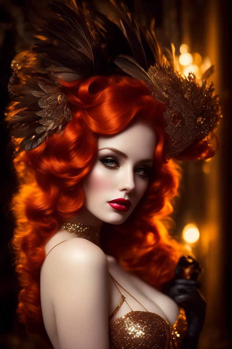 impure-deer189: a a redhead is a vision in glittering gold , Feathers,  Sequins, Tassels and gloves