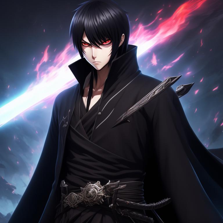 A dark anime character wielding a black sword with an enigmatic aura