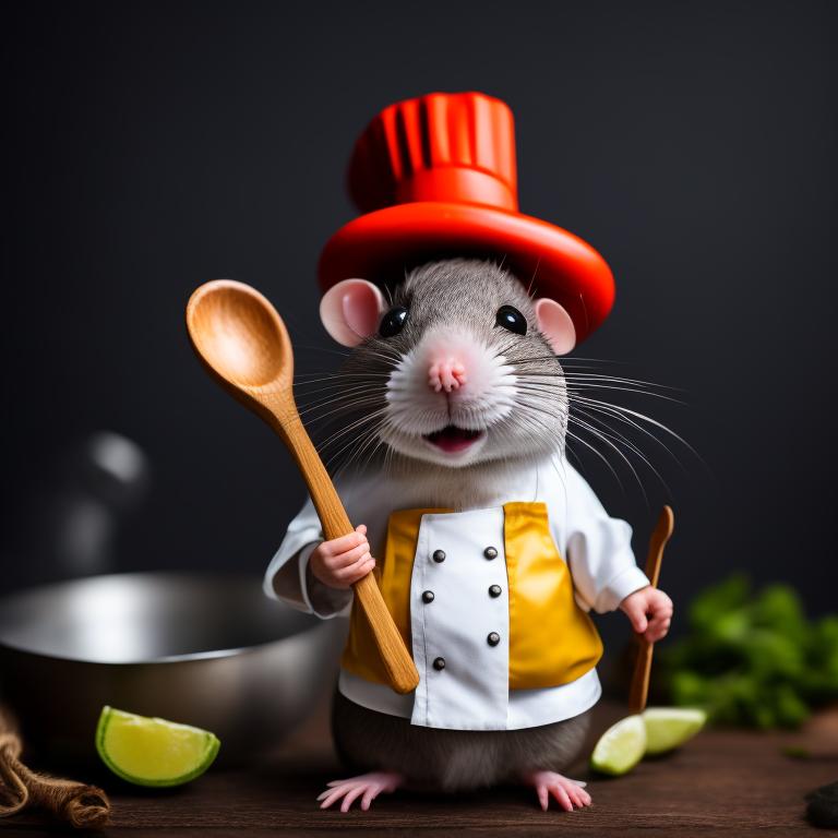 lawfulquail471 A cute chef rat , with a chef hat and holding a wood
