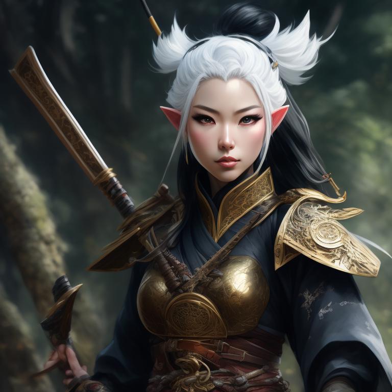 unusual-slug175: female elf samurai, white hair, katana in hand