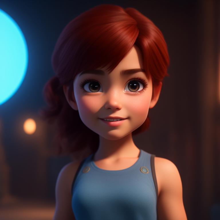 standing centered, Pixar style, 3d style, disney style, 8k, Beautiful, Lila is a fearless young girl akin to Lara Croft, with short, spiky red hair, piercing gaze, and a bold nose., 3D style rendered in 8k using beautiful Disney like animation