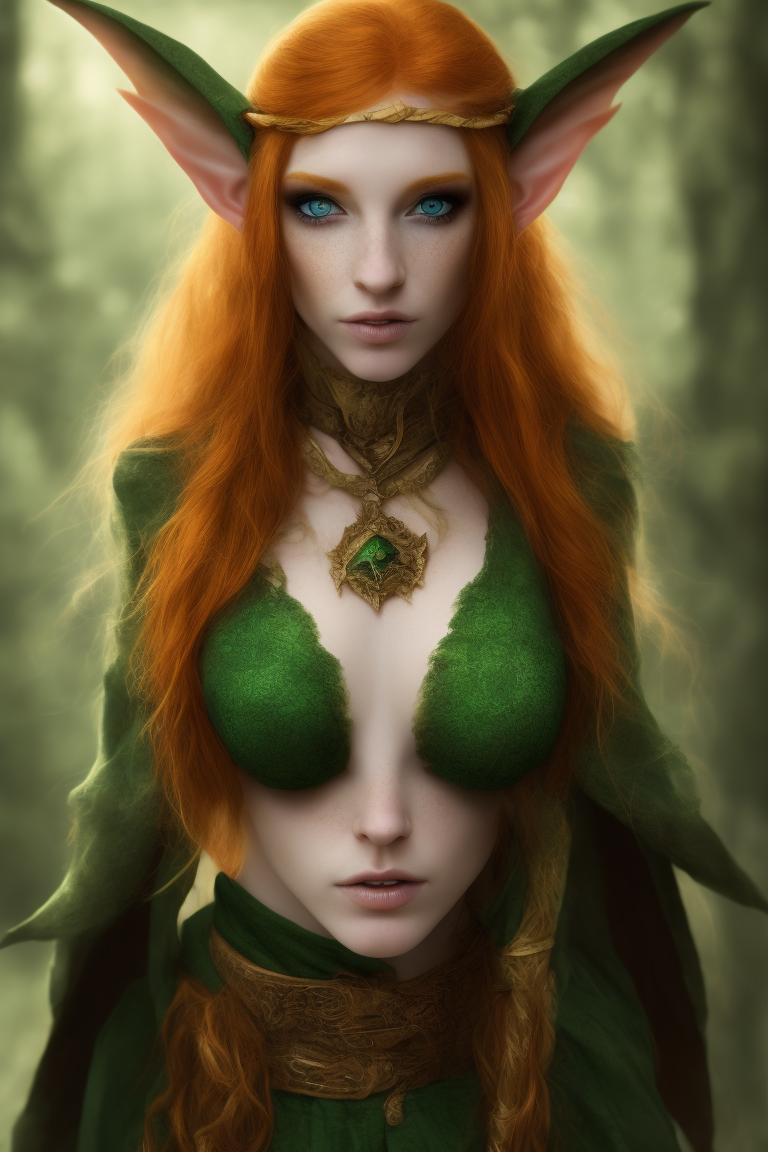 cool-meerkat445: beautiful female elf with green eyes and ginger hair,  freckles, dressed as a sorceress