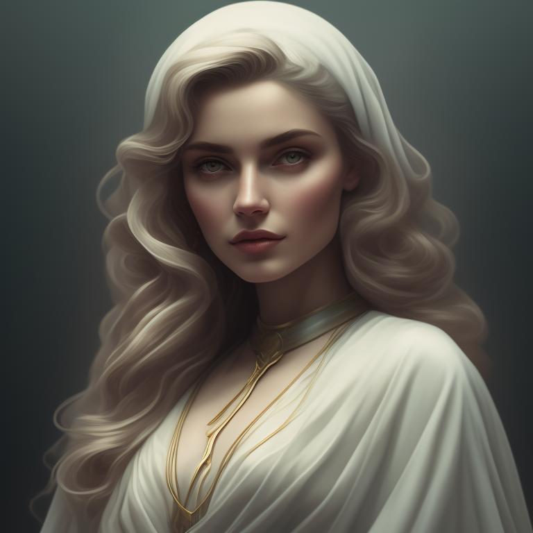 Art style of Anna Nikonova, Loish, Trending on Artstation, Washed out colors, Muted sunlight, a beautiful portrait of lady justice she is holding and dagger in  and the scales of justice. she is stunningly beautiful with long hair wearing a silk Grecian robe, Subtle color tones, Stylized, Digital painting, Minimal, Color outlined, Front view, Grain shading, Subtle Shading