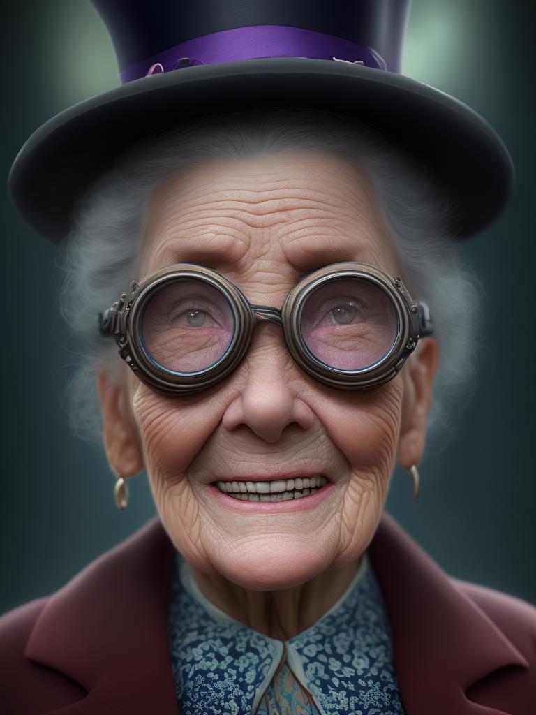 neat-louse404: An old lady, goggles, no teeth/ three teeth, a 