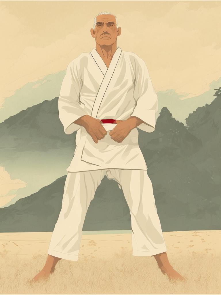 canaanshaffner Helio Gracie wearing a jiujitsu robe, hands on hips, looking into the camera