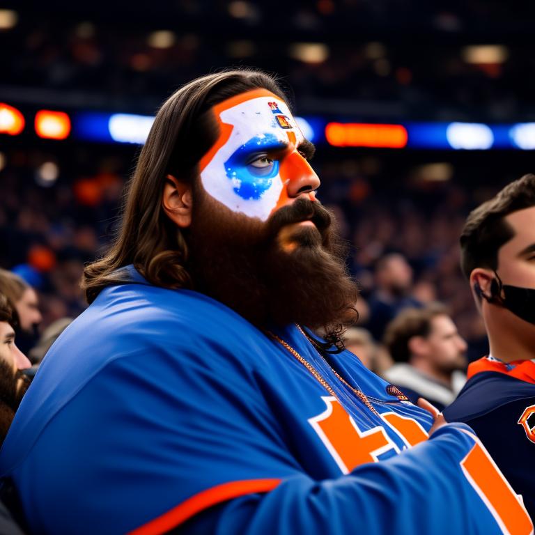 broken-wasp549: Jesus Christ as a overweight Chicago Bears fan watching the  game from the stands with full blue and orange facepaint