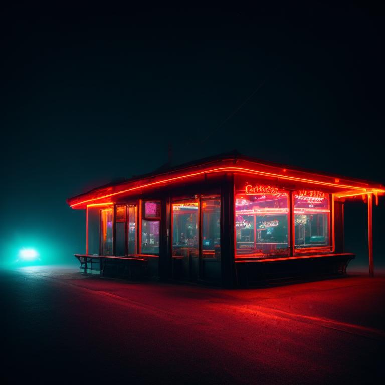 sethmillstein: a restaurant lit up with neon lights on a foggy night ...