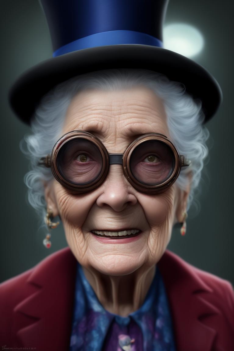 neat-louse404: An old lady, goggles, no teeth/ three teeth, a 