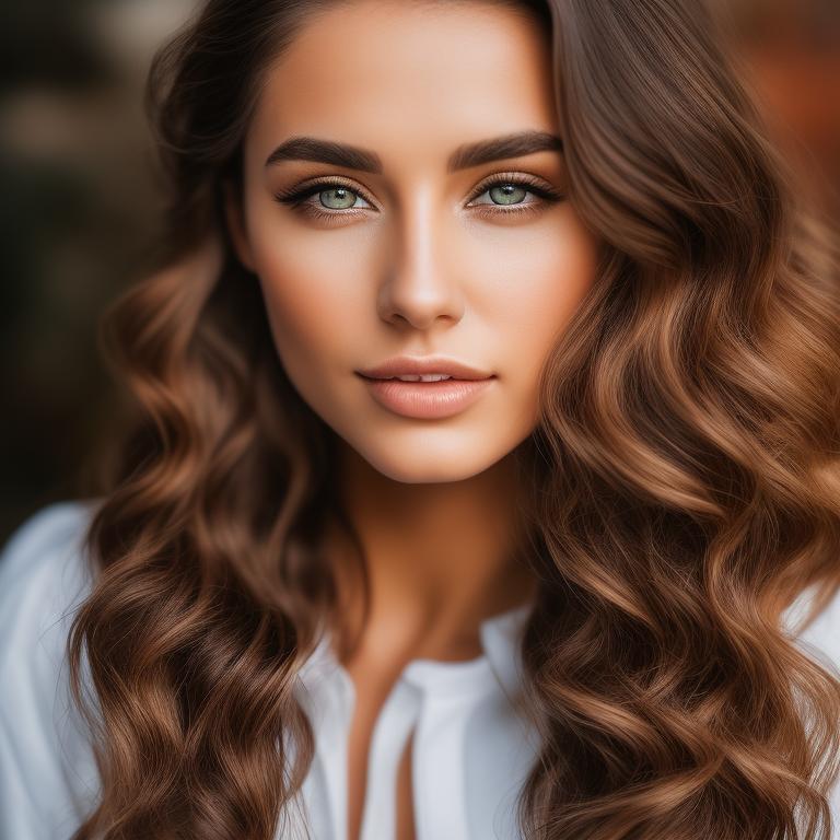 full three quarter head shot of beautiful 22 year old woman with long wavy brown hair, brown eyes with blond highlights wearing a long sleeved red button up top, late 20s early 30s, Muscular