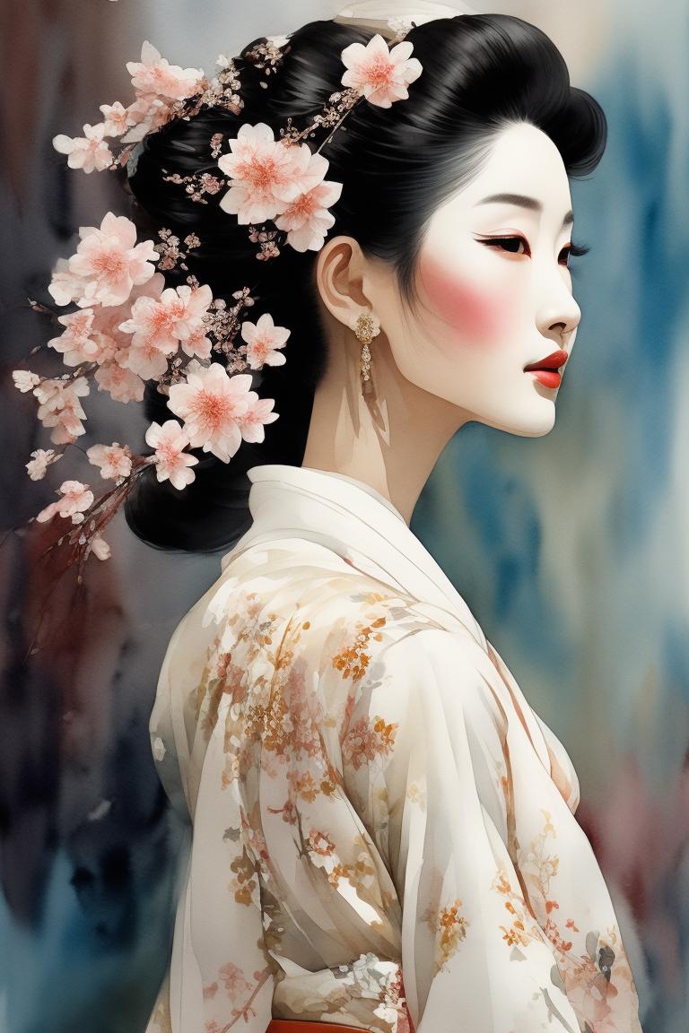 MINIDEM: A graceful Geisha adorned in a resplendent kimono, adorned ...