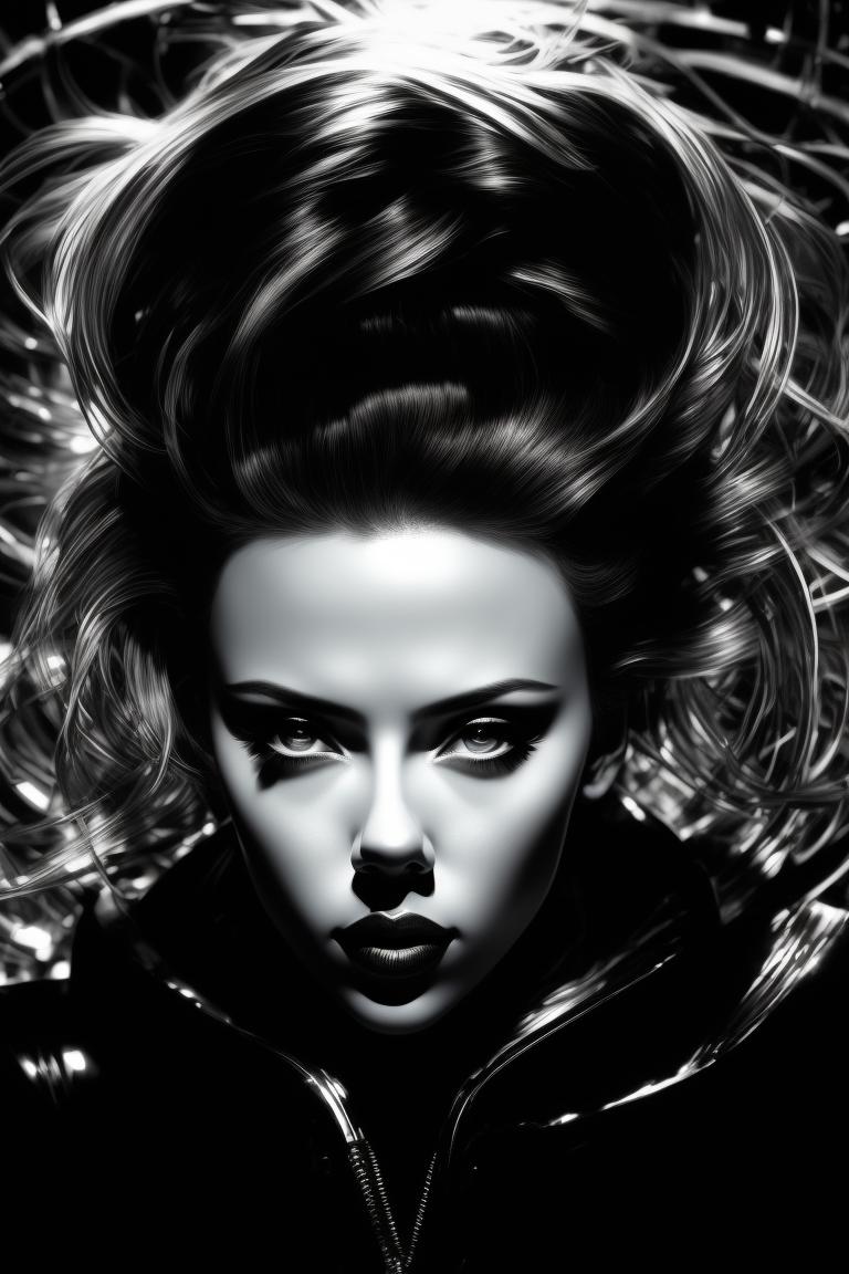 Scarlett Johansson, Dynamic lighting, high contrast black and white, Futuristic, Glossy, Vivid colors, digital illustration with the style of jamie hewlett and hajime sorayama.