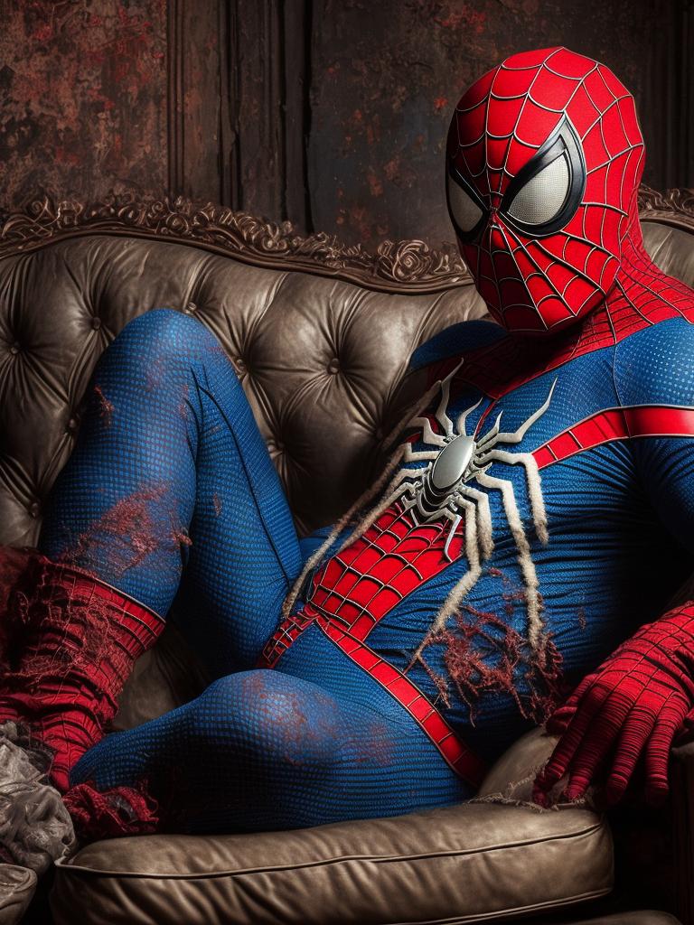 PolyCrumbs: a realistic gritty photo of an old dirty drunk fat Spider-Man,  red and blue old Spider-Man marvel comic book style outfit,dark  background,rim light, perfect white balance
