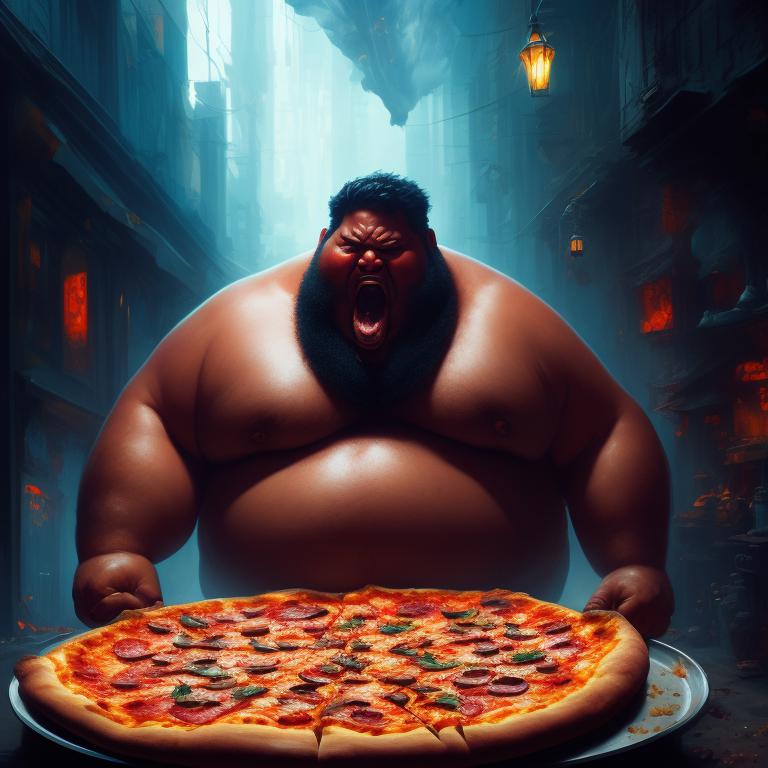fat person eating pizza