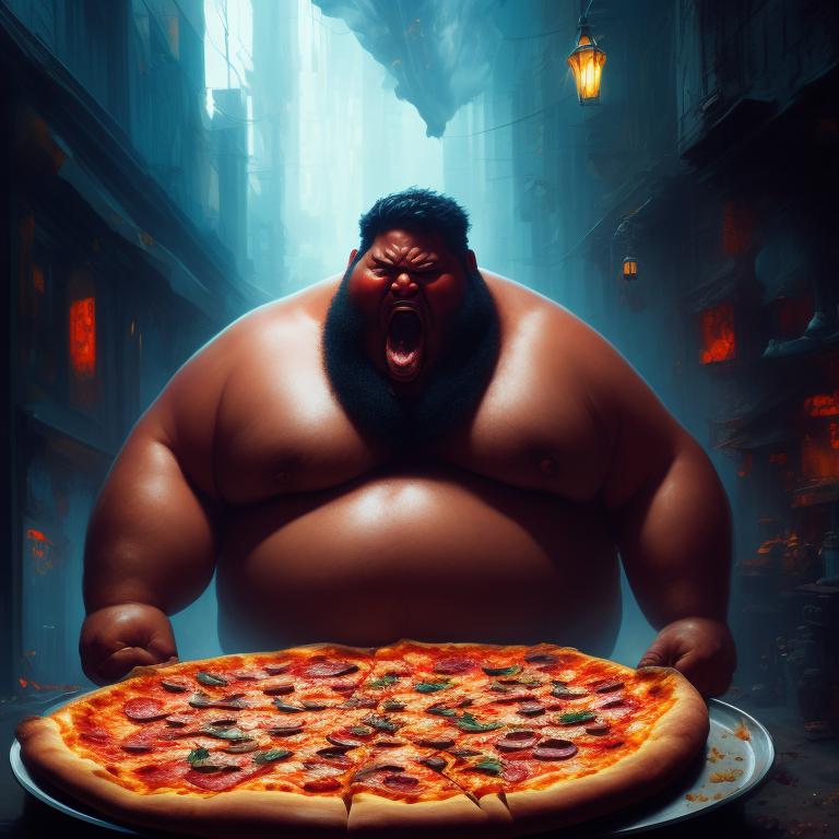 buzzing-ram317: ugly obese colossal man eating a pizza