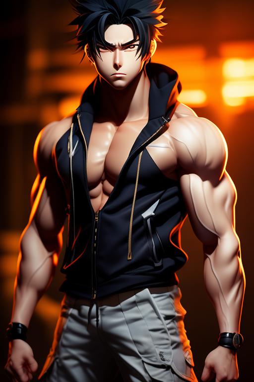 bleak-frog994: anime teenage male character in open jacket with muscles in  2d style