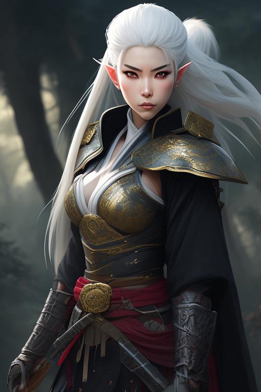 milky-hyena375: female elf samurai, white hair, katana on waist