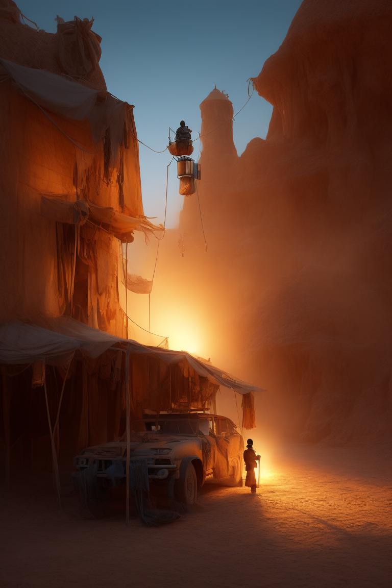 ultra detailed digital minimalist line art watercolor rendering of a young desert nomad bedouin jew placing a lamp on the shelf to illuminate the tent made of animal skins in the desert, beautiful detailed symmetrical blue eyes, sun brown skin, color clothing sand/detailed face, apocalyptic environment and sandstorm, splash splash, mad max world style, wadim kashin style, John William Waterhouse, luminous studio graphics engine center image, Dof, Golden hour, 8k, aesthetic soft lighting, edge to edge printing, Volumetric lighting, tanvirtamim, Cinematic, colorful background, Concept art, Dramatic Lighting, High detail, Highly detailed, Hyperrealistic, octane rendering, Smooth, Studio lighting, artstation trends