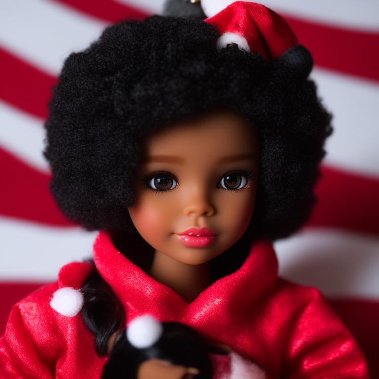 create a beautiful black barbie doll wearing christmas pajamas with a santa hat. i need to see her full body ratio 4:7 colors red white and black pink
, wearing festive christmas pajamas adorned with a santa hat, the scene is set with a backdrop of vibrant colors of red, White, and black, with a touch of pink, the lighting is warm and inviting, highlighting the doll's features and creating a cozy atmosphere. the entire doll is visible in the image, showcasing a perfect body ratio of 4:7.