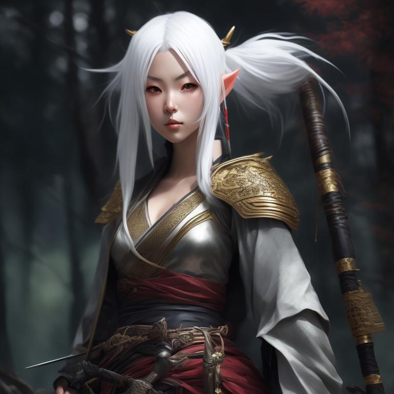 milky-hyena375: female elf samurai, white hair, katana in hand