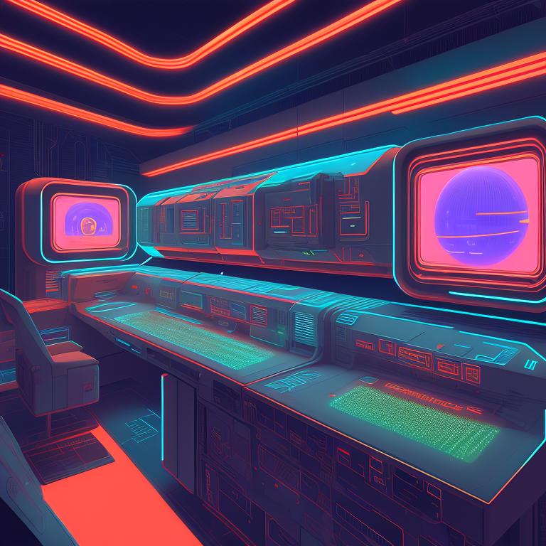 comand center computer console room retrofuturism, vintage aesthetic, glowing buttons, futuristic holographic displays, cyberpunk vibe, High-tech, Sci-fi, Dark atmosphere, art by syd mead and moebius, detailed illustration, trending on artstation., High quality, Ray tracing, Photorealistic