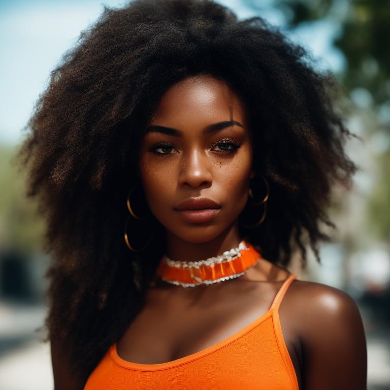 true-baboon162: black girl with a perfect midriff, large chest, in an  orange crop top, and booty shorts in bright background