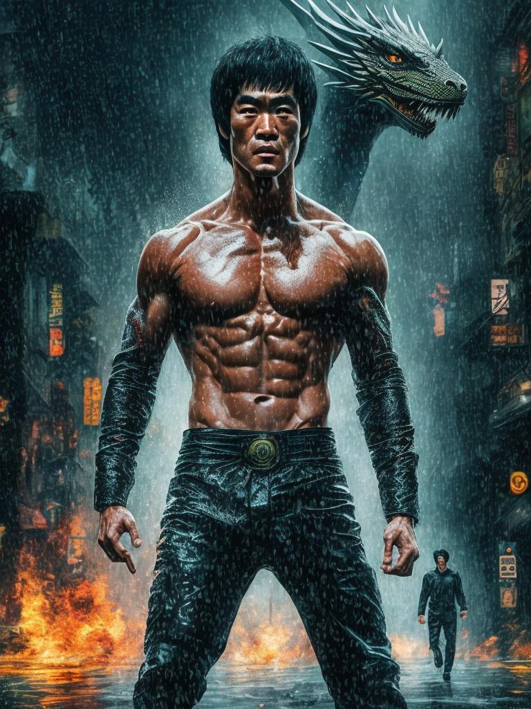KOPF-KI-NO: Bruce lee walking in the rain, behind him a huge dragon ...