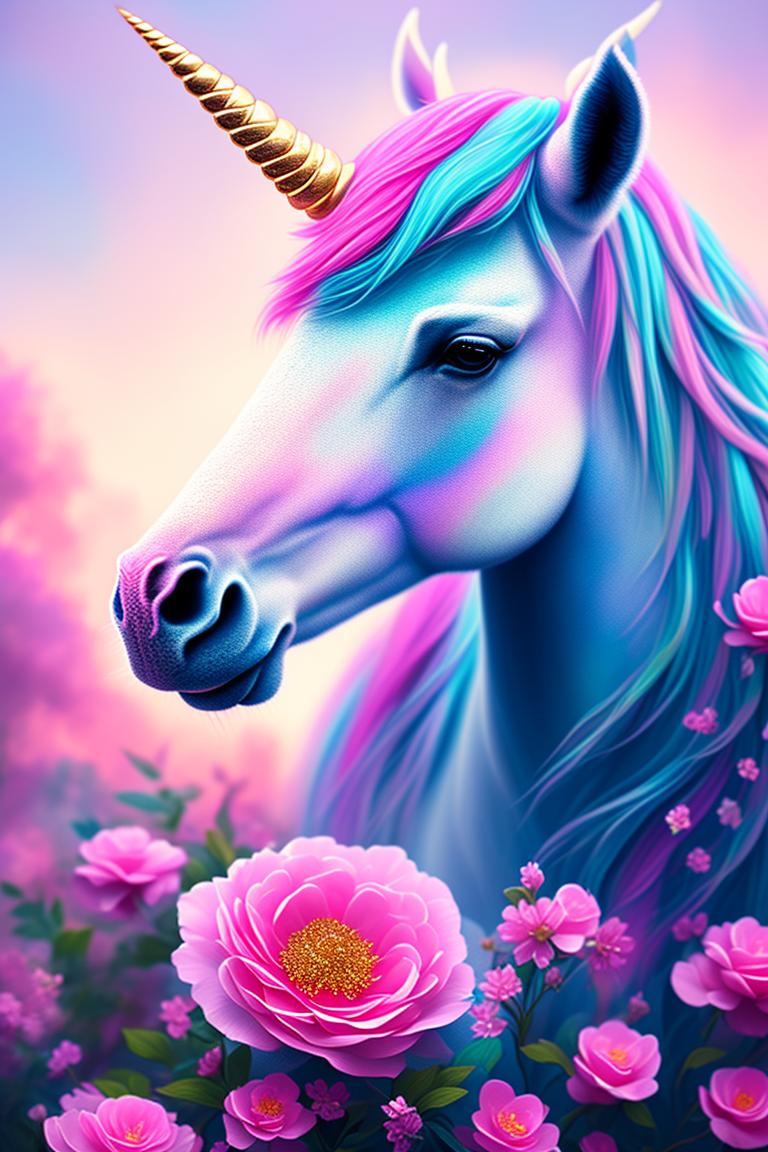 Lilla: unicorn, pink, blue, flowers