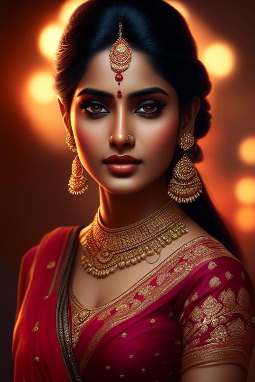 mad-rat899: A full portrait of a beautiful indian women in saree realistic  with studio lightning standing and looking straight