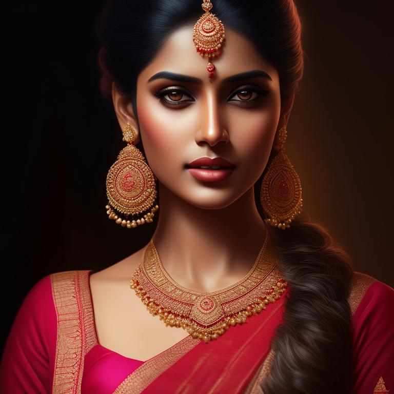 mad-rat899: A full portrait of a beautiful indian women in saree realistic  with studio lightning standing and looking straight