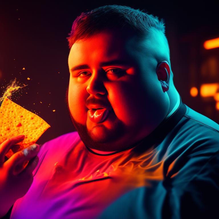fat ugly obese discord mod fat white guy eating a bag of cool ranch doritos, Neon, Trending on Artstation, saturated colors.