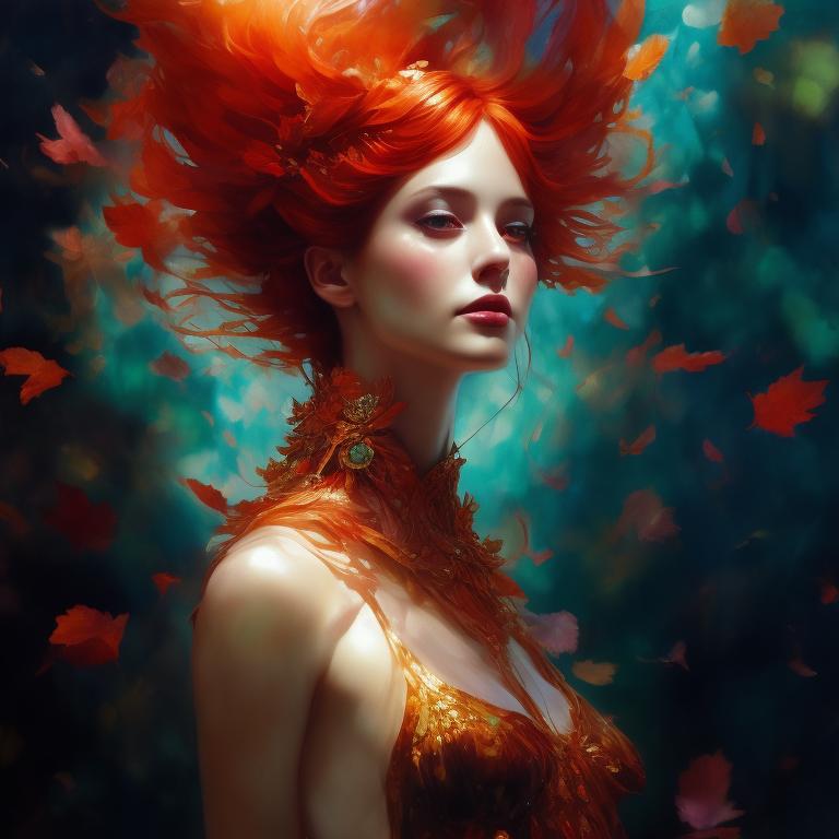 BBstar7: water nymph goddess, red hair, fantasy, floating dress made with  leafes, green shoes, digital painting, artstation, matte, highly detailed,  concept art, illustration, ambient lighting, art by ilya kuvshinov,  artgerm, alphonse mucha,