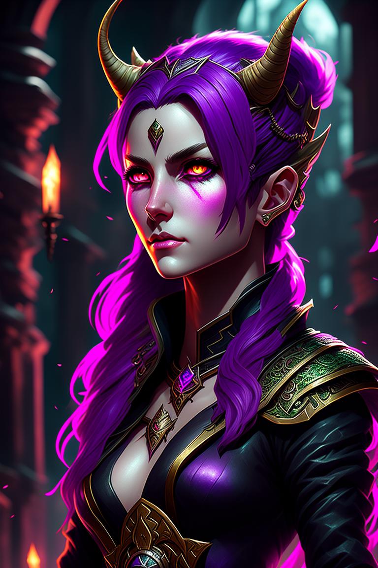 Tiefling warlock female, she is young, not skinny, she has GREEN cat-like eyes, she has SHORT purple hair and pink skin, Ultrarealistic Illustration, High Fantasy character concept art, Dungeons & Dragons background, Cinematic Pose, Dramatic lighting, Perfect lines, Intricate details, Single character image centered in frame
