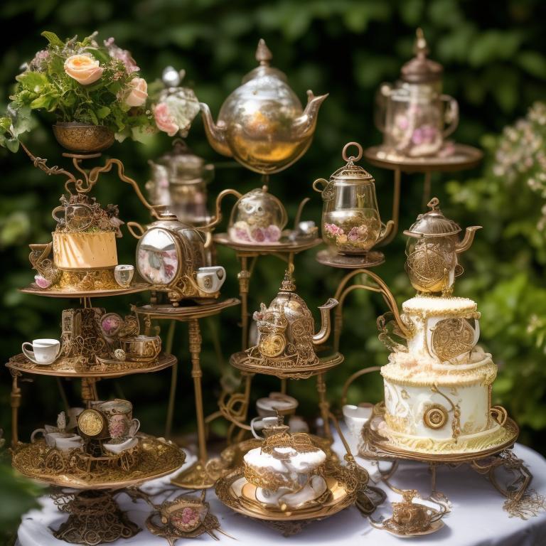 Steampunk tea party, enchanting, steampunk-inspired tea party set in a whimsical garden, featuring intricate teapots, mechanical tea cups, and steam-powered cake stands, clipart, fantasy, vintage, gathering, elegance, floral, whimsy :: pocket watch cookies, victorian attire, cogwheel tea strainer, talking teapot, botanical wonders, delightful conversations