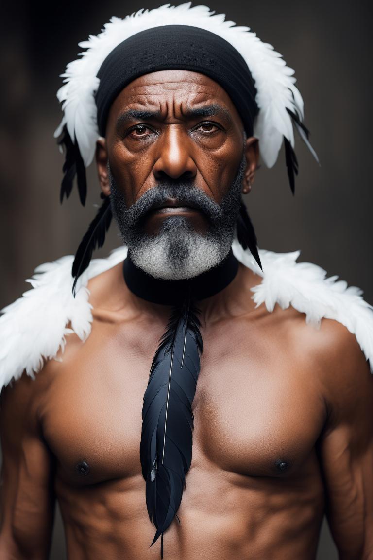 Jscb_oneiros: A bald old man dressed in black feathers, with a pointed  white beard and pupilless stone eyes.