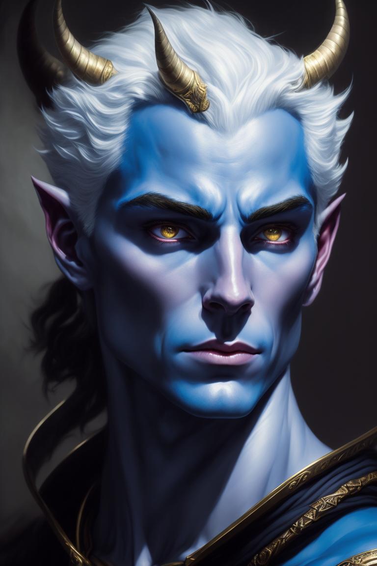 Trinixerina: Tiefling male, curved horns, handsome, blue skin, young