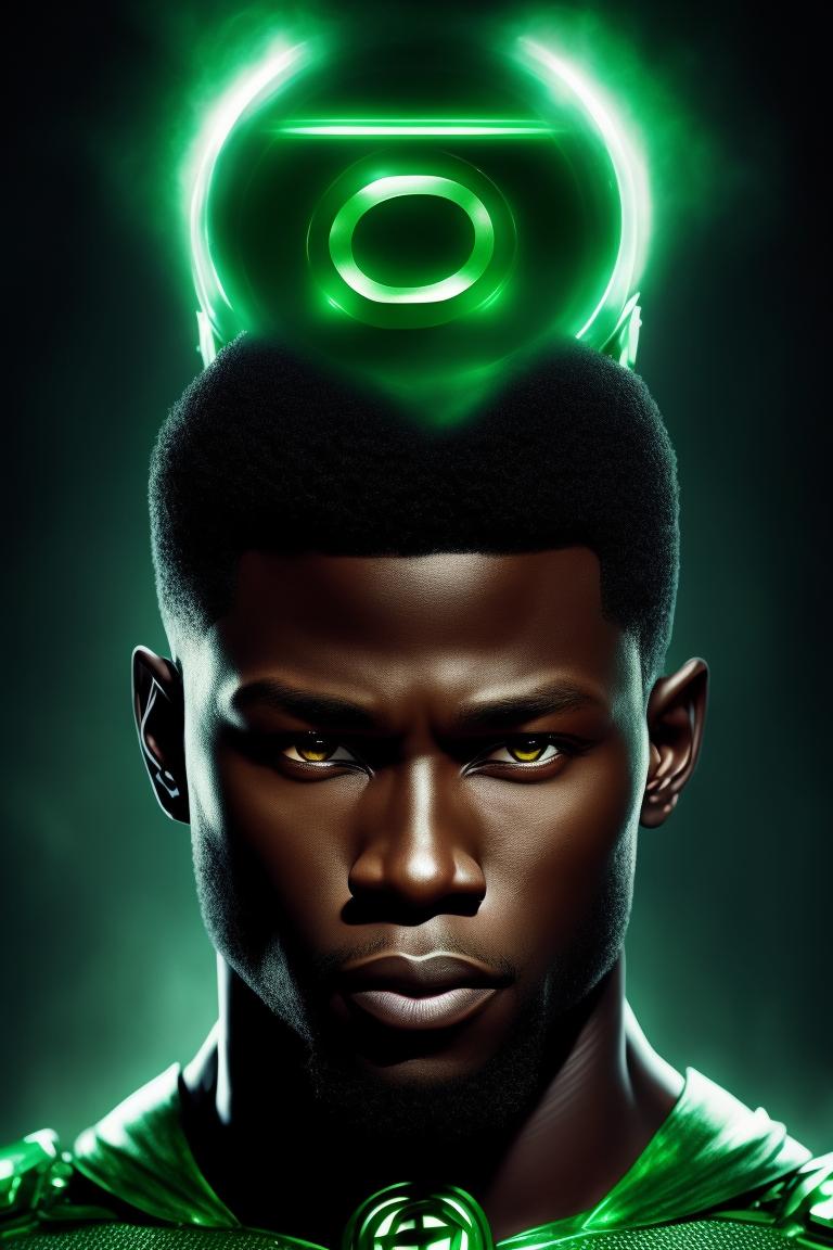 Green Lantern John Stewart. Use Trevante Rhodes as base. No mask., based on trevante rhodes, confident expression, Intense gaze, No mask, futuristic setting, vibrant green energy aura, Powerful, strong physique, Dramatic Lighting, Art by artgerm and greg rutkowski, Digital painting, Highly detailed, Dark background