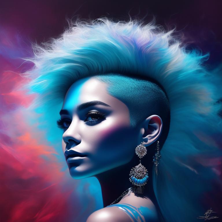 Silver and light blue. Vanessa Hudgens, mohawk., Highly detailed, Artgerm, Chromostereopsis, Fiverr, Light streaking, Oil painting , VFX, Colors streaking behind, Illustration, Blooming watercolor techniques