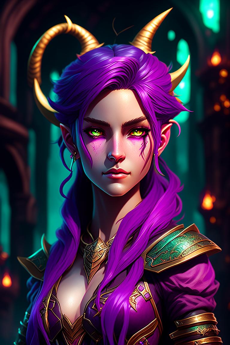 Tiefling warlock female, she is young, not skinny, she has GREEN cat-like eyes, she has SHORT purple hair and pink skin, Ultrarealistic Illustration, High Fantasy character concept art, Dungeons & Dragons background, Cinematic Pose, Dramatic lighting, Perfect lines, Intricate details, Single character image centered in frame