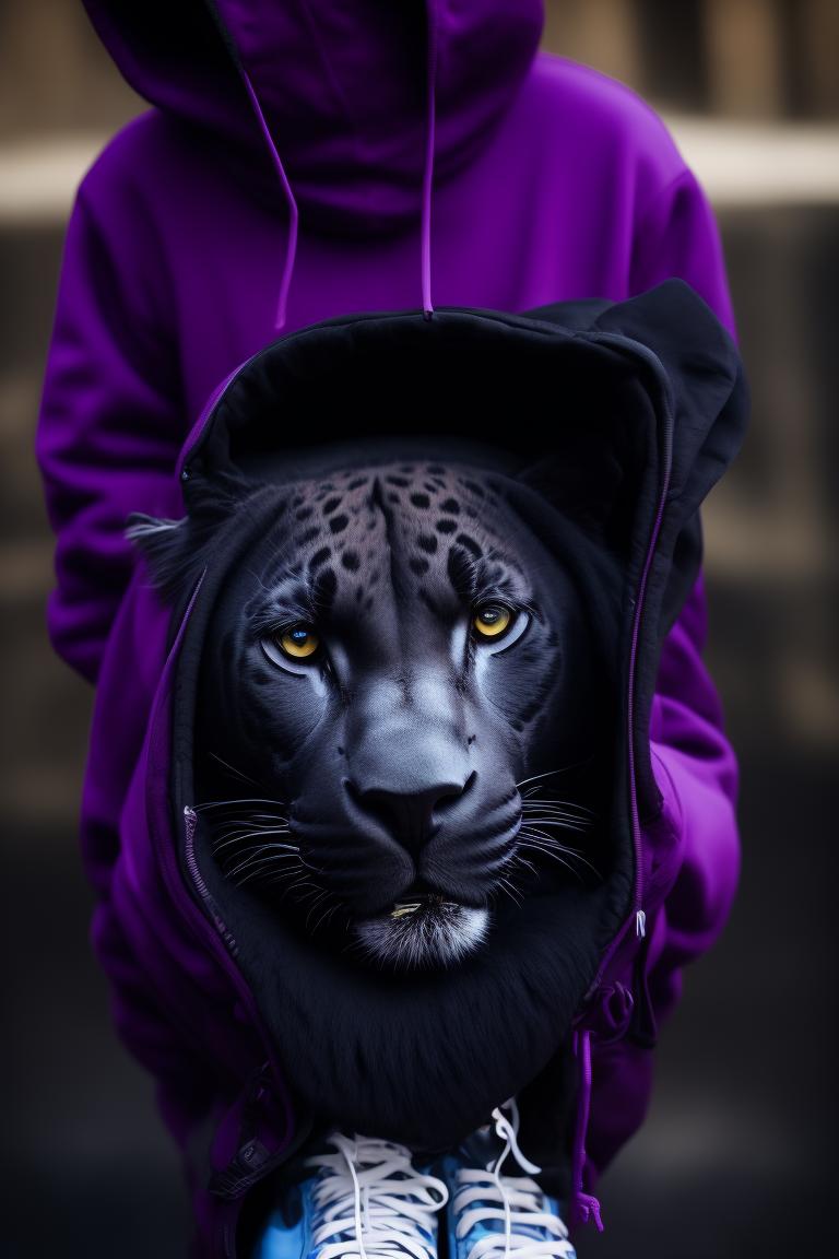 Anthropomorphic, black jaguar in human body with purple hoodie with blue pants and white shoes holding a black duffle bag, warm vibrant color tone, 16mm film quality of with film grain, UHD, perfect white balance, Alberto, Canon EOS R6, Prime lens photography, perfectly balanced dim lighting, Real human skin, White balance, Sharp details