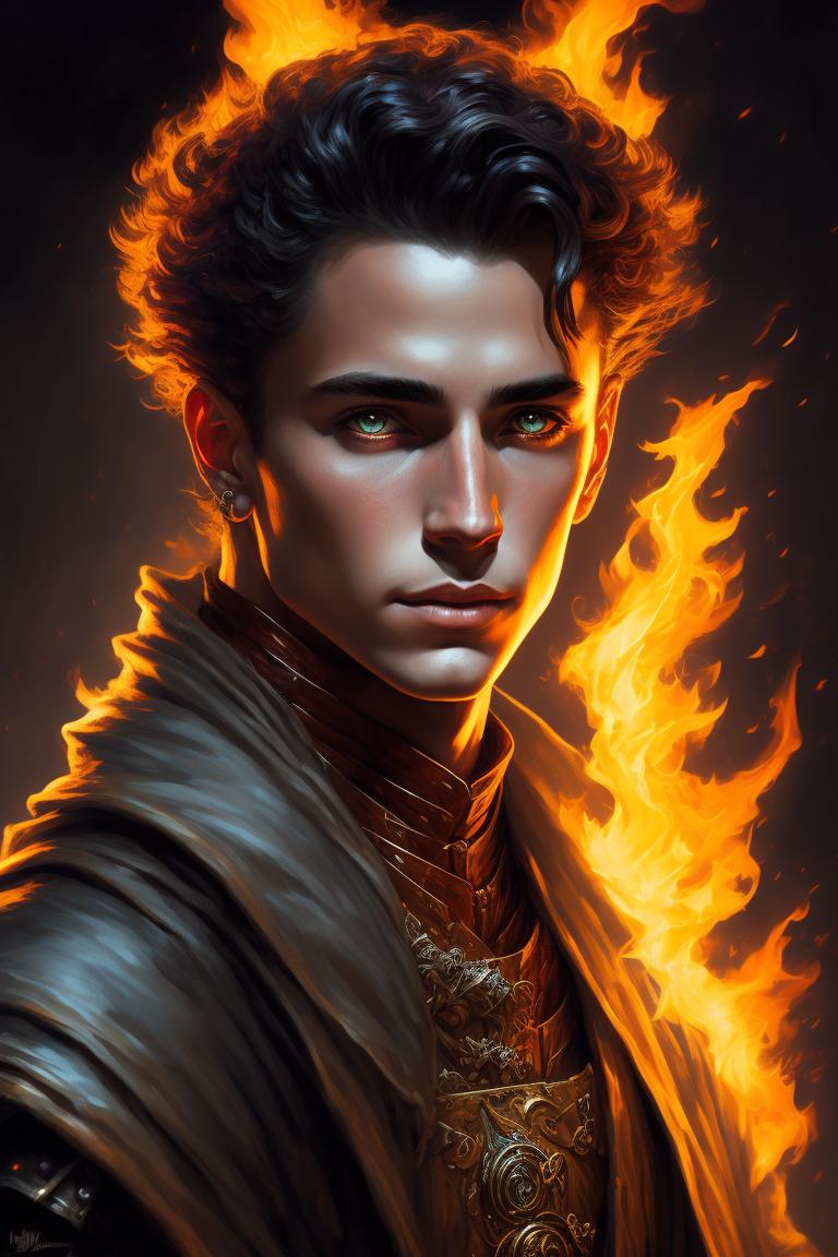 D&D portrait of, young male fire genasi wizard

, fantasy d&d style, Rim lighting, perfect line quality, high pretty realistic quality oil painting, art by norman rockwell, Centered, dark outlines, perfect white balance, color grading, 16K, Dynamic pose, Sharp, Sharp edges
