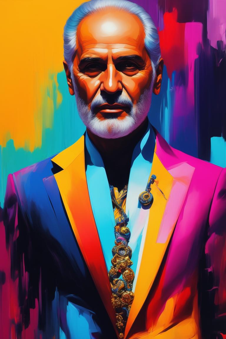 Giovanni Maria "Gianni" Versace, iconic fashion designer, in a vibrant, abstract setting, Bright Lighting, Stylish, energetic brushstrokes, Highly detailed, fashion-forward, Digital painting, Artstation, Concept art, Art by artgerm and greg rutkowski, Trending on Artstation HQ