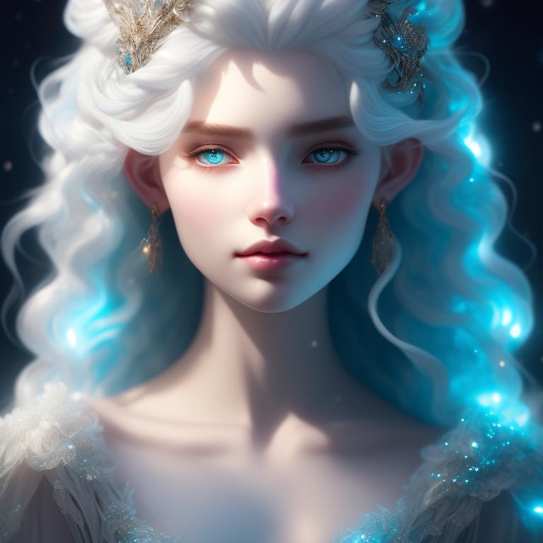 past-eland73: White etherial elf blue glowing eyes big curly long white ...