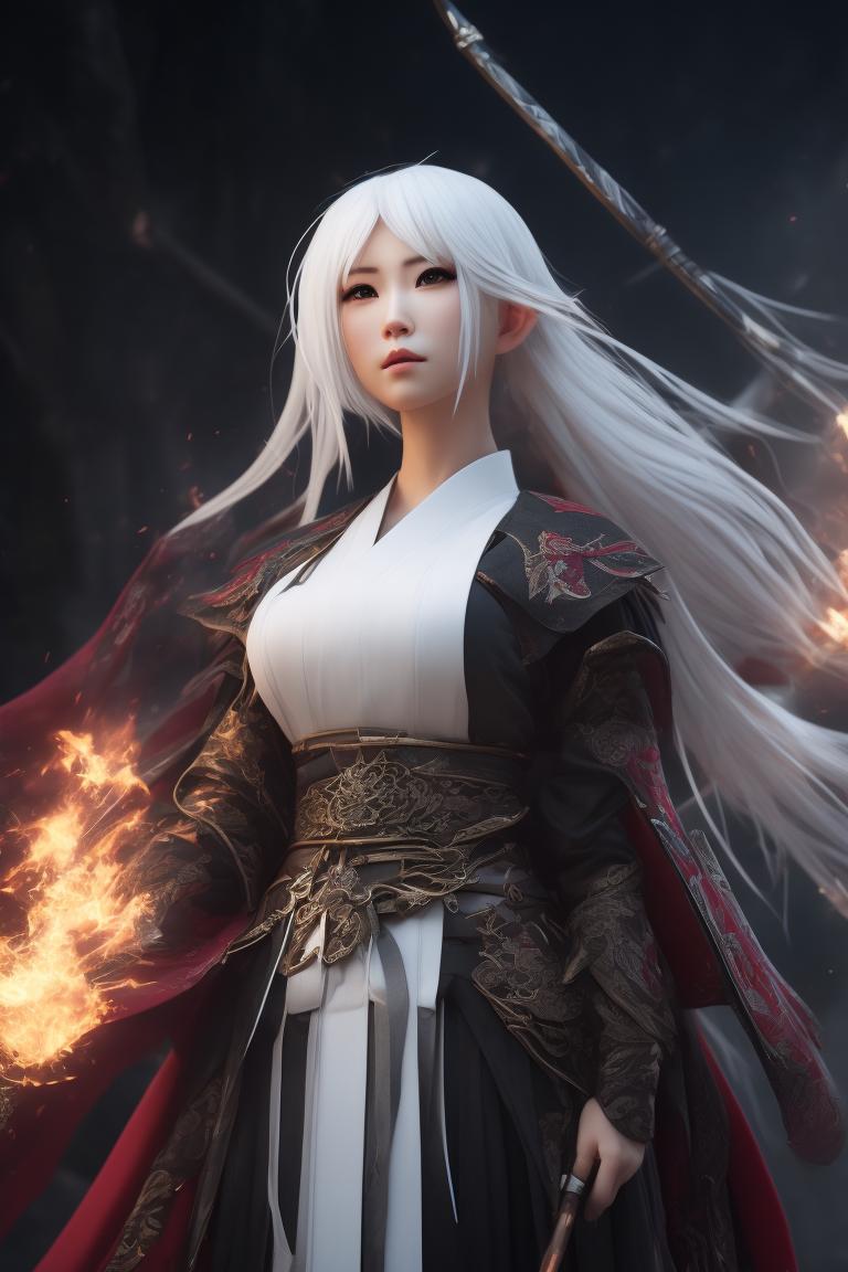 Anime girl, white hair, samurai